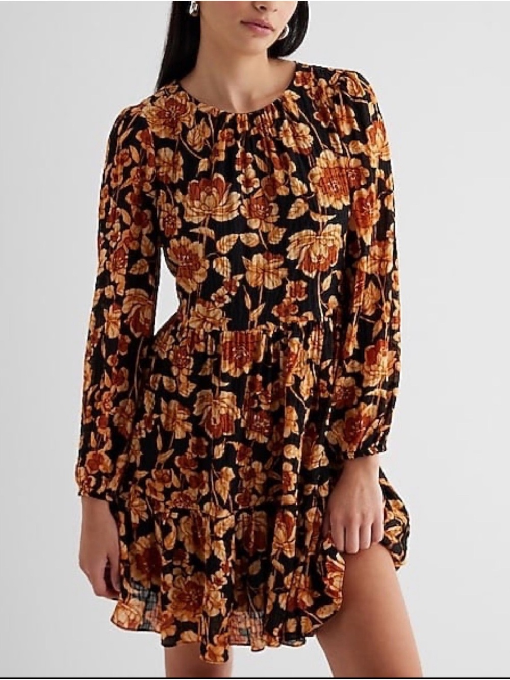 Express Floral Print Long Sleeve Mini Shift Dress